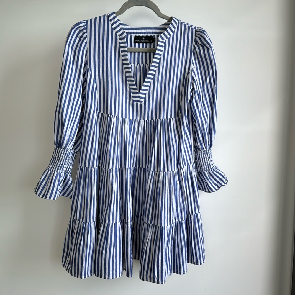 Tuckernuck Pomander Place Blue and White Stripe Cotton Poplin Kenzo Dress XS EUC